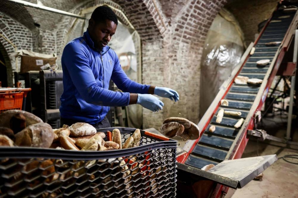 An Eclo worker throws bread waste into a machine to produce substrates to grow organic mushrooms in Brussels. — AFP pic
