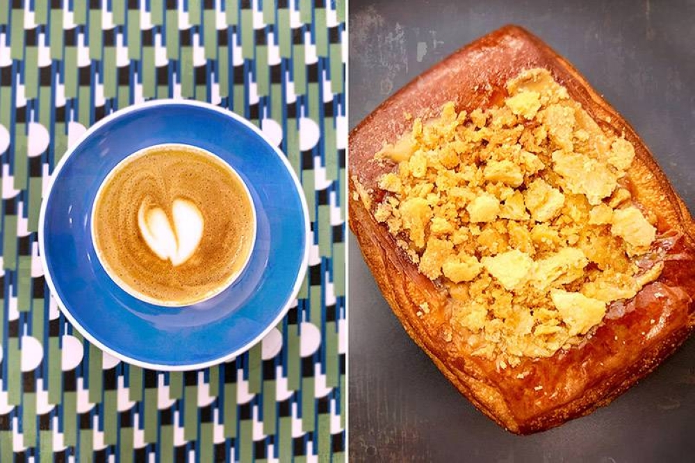 Piccolo latte (left) and Biscoff Mochi danish (right).