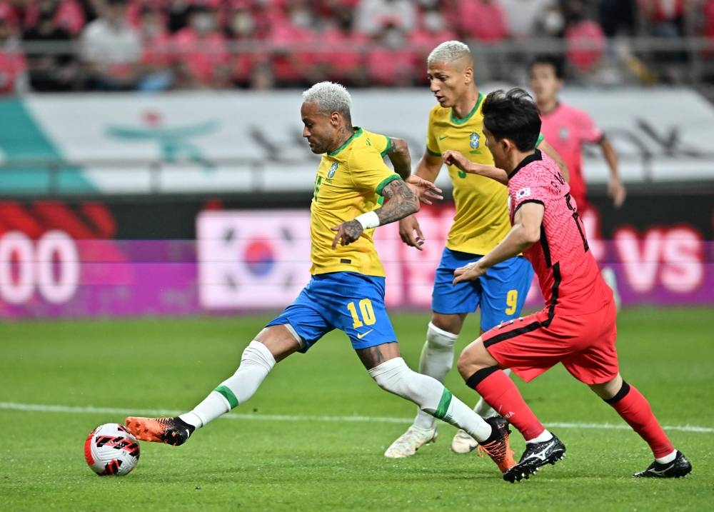 Brazil’s forward Neymar controls the ball during the international friendly match between South Korea and Brazil at Seoul World Cup Stadium in Seoul, June 2, 2022. — AFP pic