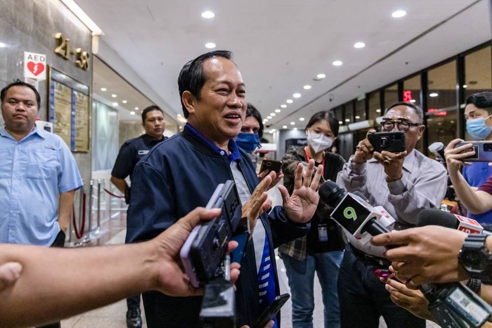 Umno secretary-general Datuk Seri Ahmad Maslan speaks to the media after the Umno meeting at Umno headquarters in Menara Dato Onn, Kuala Lumpur, October 6, 2022. — Picture by Firdaus Latif