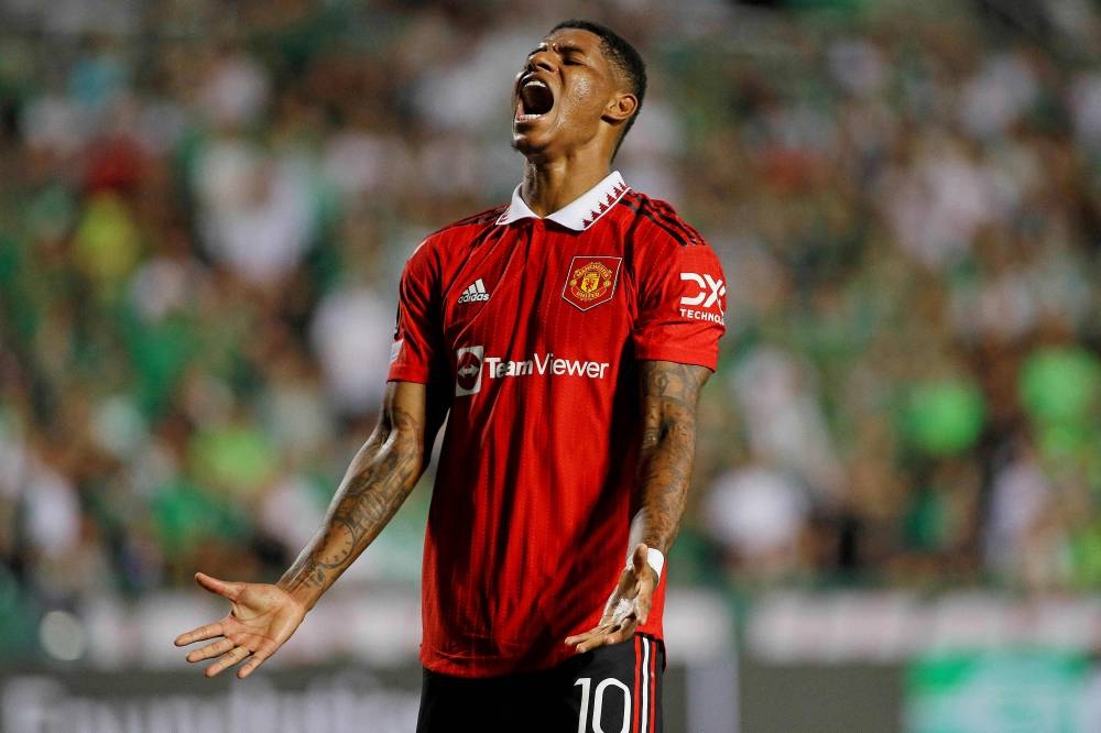 Manchester United's English striker Marcus Rashford celebrates after scoring a goal during the UEFA Europa League group E football match between Cyprus' Omonia Nicosia and England's Manchester United at GSP stadium in the capital Nicosia on October 6, 2022. — AFP pic