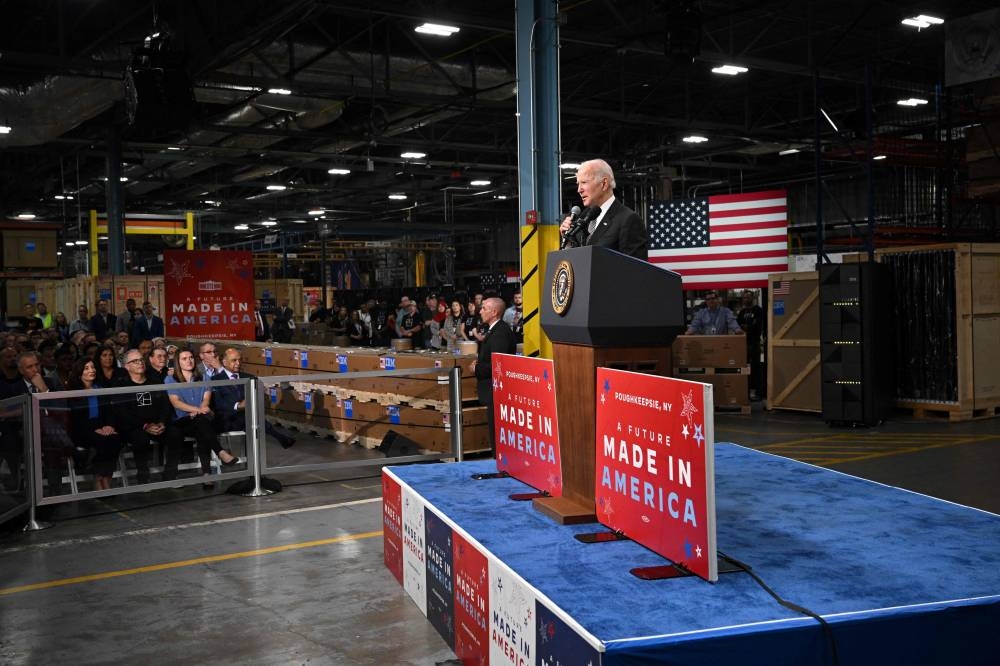 US President Joe Biden looks delivers remarks at the IBM facility in Poughkeepsie, New York, on October 6, 2022. ― AFP pic