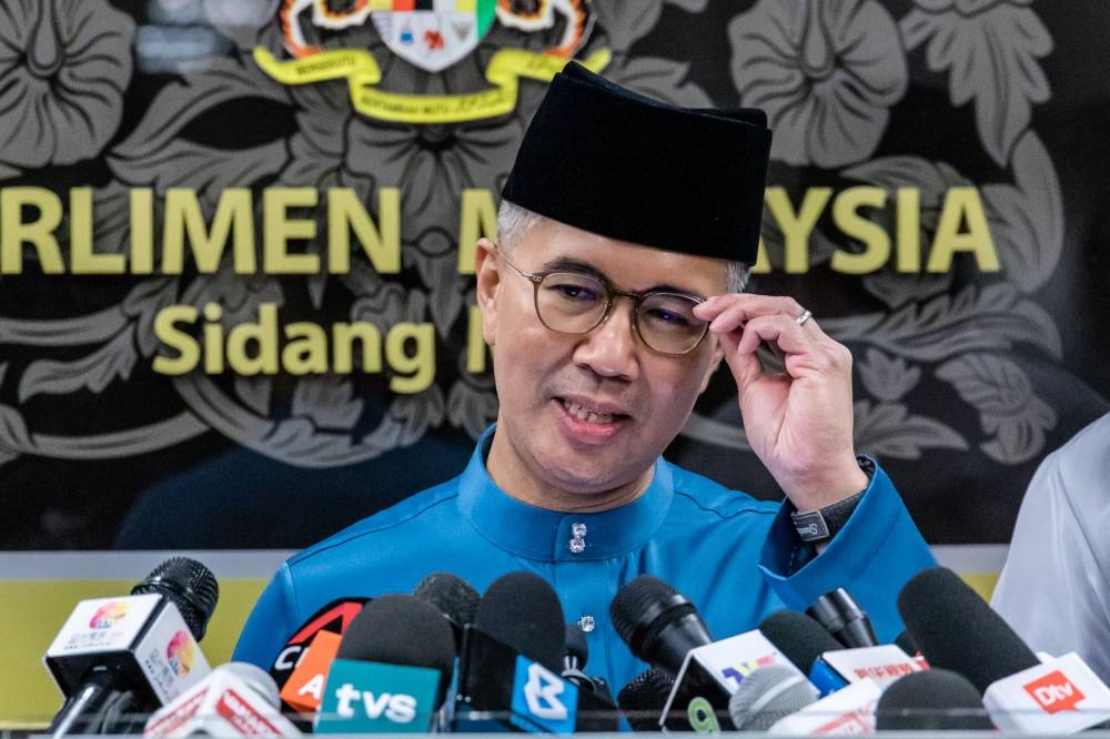 Finance Minister Tengku Datuk Seri Zafrul Abdul Aziz speaks during a press conference at Parliament in Kuala Lumpur on October 7, 2022. — Picture by Firdaus Latif