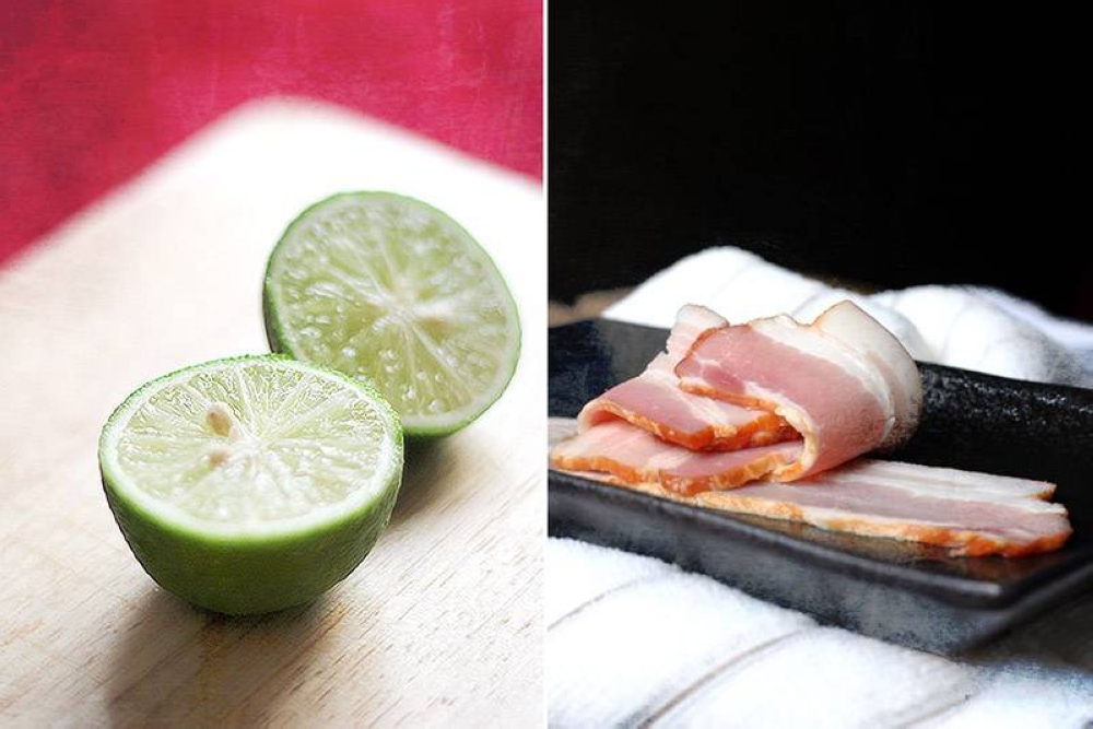Green limes (left) for sharp acidity and bacon for flavorful fat (right).