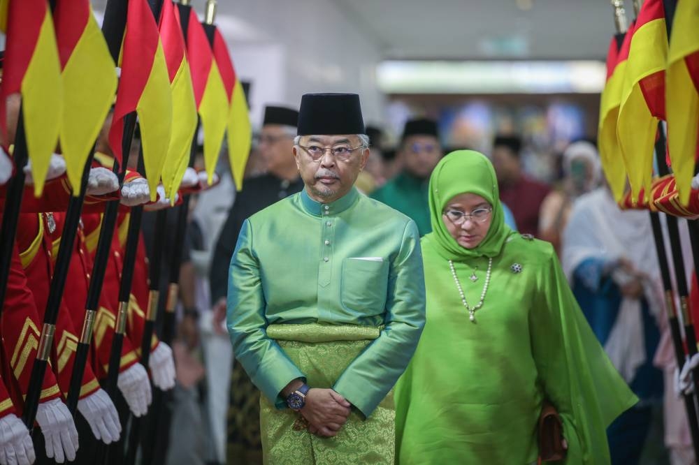 Yang di-Pertuan Agong Al-Sultan Abdullah Ri’ayatuddin Al-Mustafa Billah Shah and Raja Permaisuri Agong Tunku Hajah Azizah Aminah Maimunah Iskandariah attend the national-level Maulidur Rasul celebration at PWTC in Kuala Lumpur October 9, 2022. — Picture by Ahmad Zamzauri