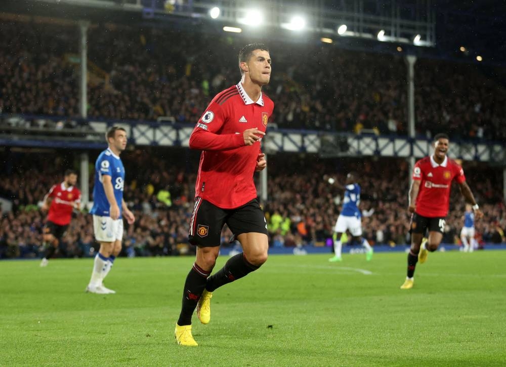 Manchester United's Cristiano Ronaldo celebrates scoring their second goal against Everton at Goodison Park, Liverpool October 9, 2022. — Reuters pic