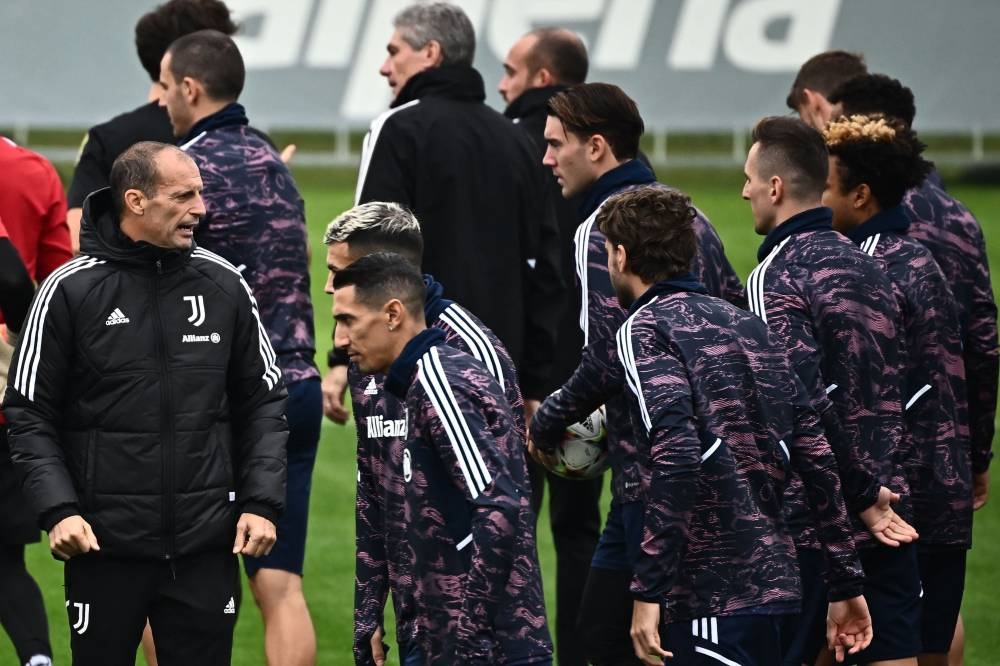 Juventus coach Massimiliano Allegri addresses his players during a training session on the eve of the Uefa Champions League against Maccabi Haifa at JTC Continassa in Turin, October 10, 2022. — AFP pic 