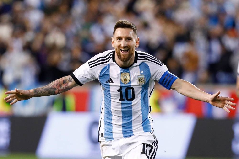 Lionel Messi celebrates his goal during the international friendly football match between Argentina and Jamaica at Red Bull Arena in Harrison, New Jersey September 28, 2022. — AFP pic