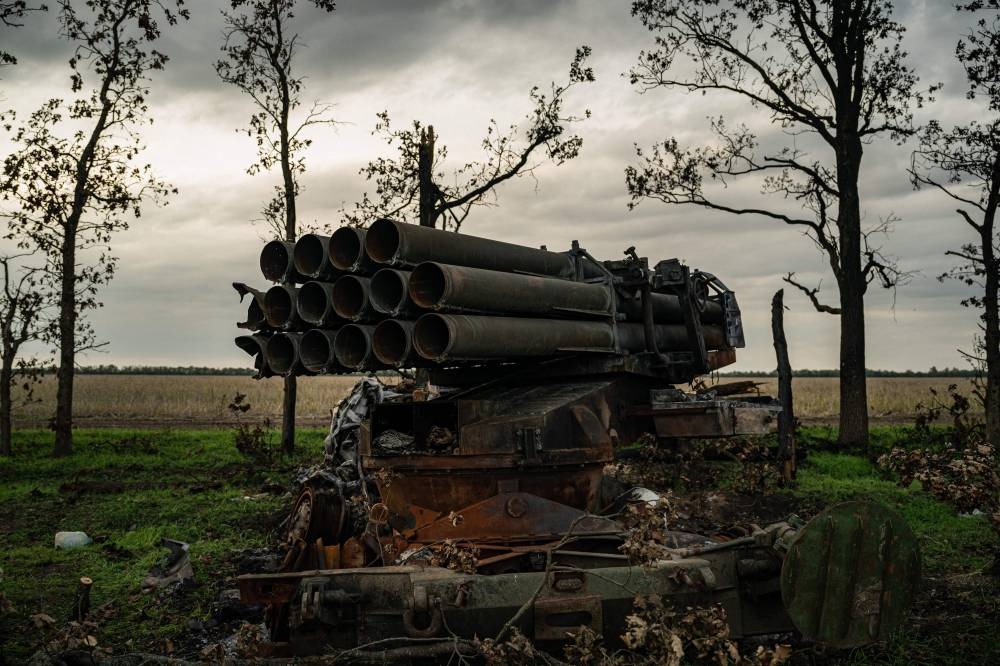 This photograph taken on October 9, 2022, shows a destroyed Uragan MLRS amid the Russian invasion of Ukraine. ― AFP pic 