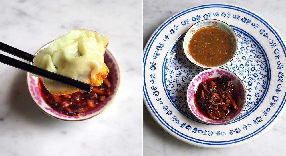 On its own, the dumplings can be light in taste but dip it in the dried chillies for a flavour boost (left). The dried chillies with ginger shreds (bottom) gives flavour to your dumplings while the chilli sauce (top) is a tasty, tangy and spicy boost for your noodles (right).