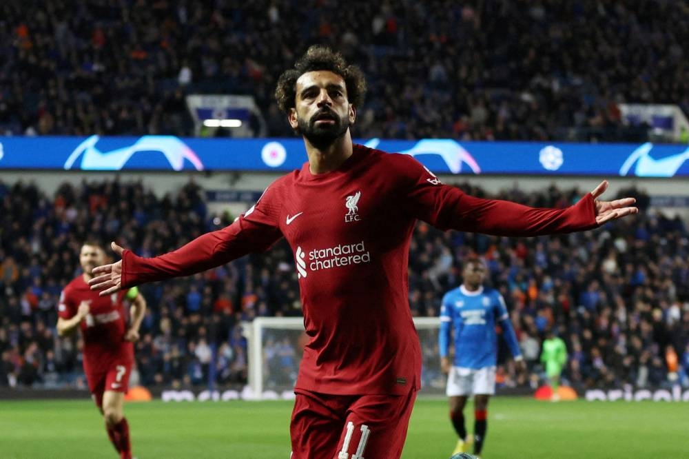 Liverpool's Mohamed Salah celebrates scoring their sixth goal against Rangers at the Ibrox Stadium, Glasgow October 12, 2022. — Reuters pic