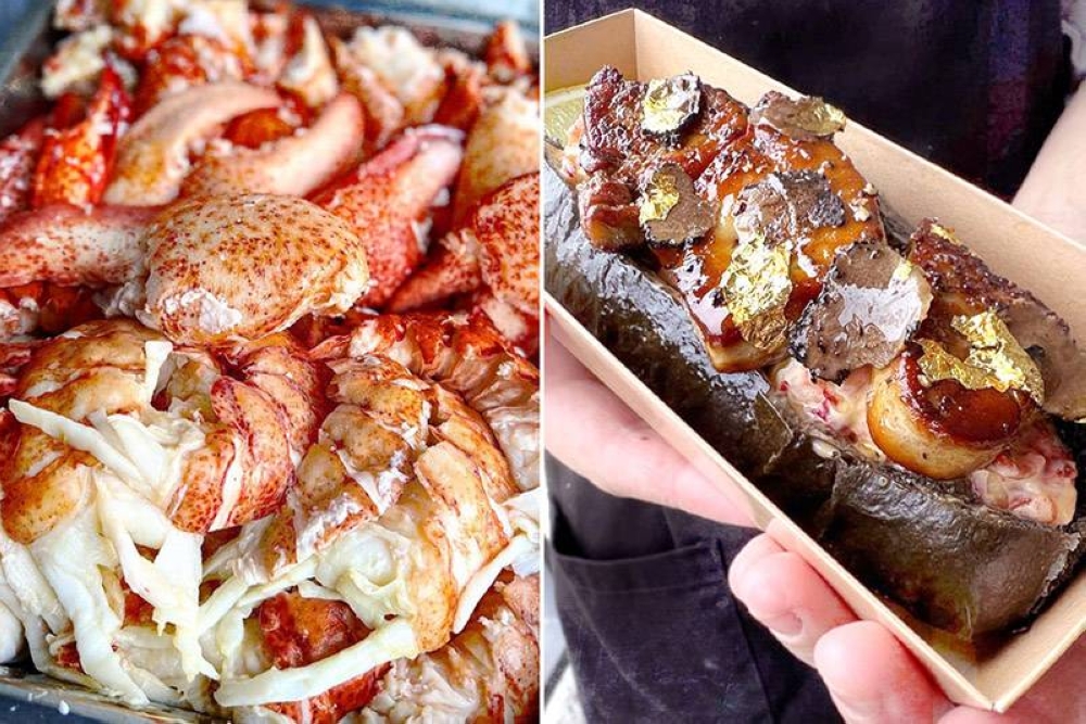 Freshly shucked lobster meat (left). Foie Gras Lobster Roll (right).