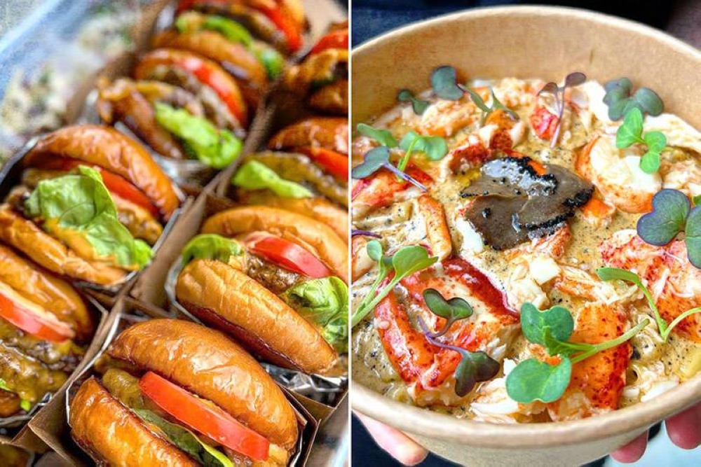 Classic Wagyu Cheeseburger (left). Truffle Lobster Mac & Cheese (right).