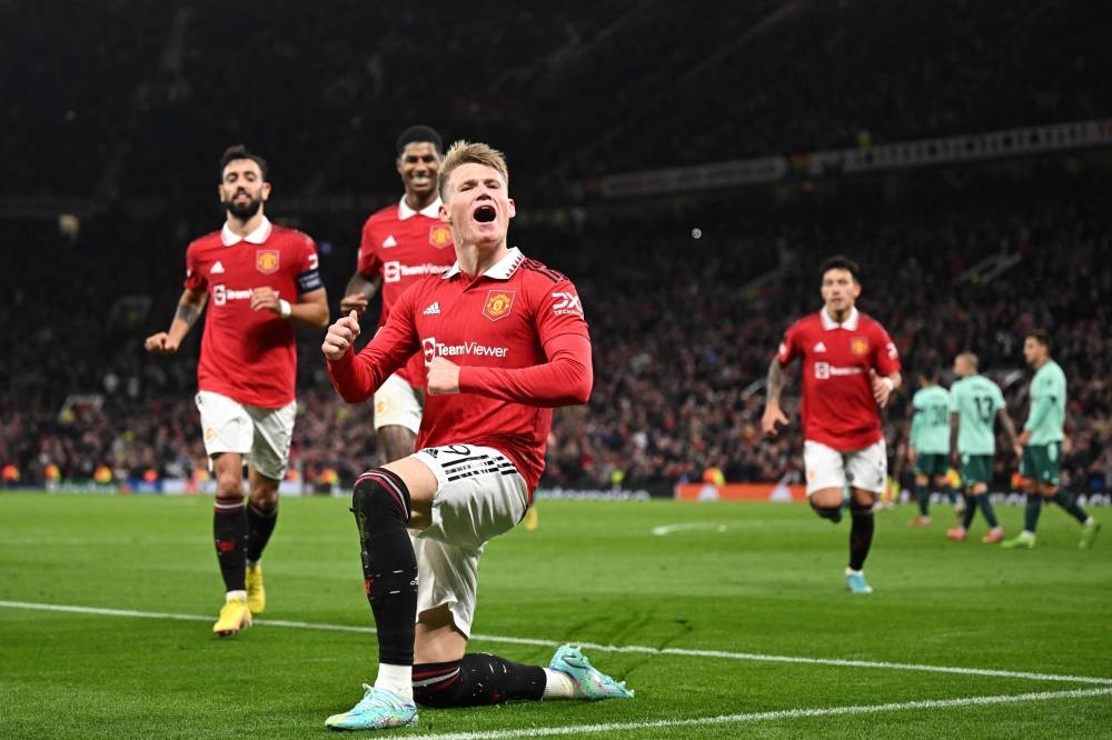 Manchester United's Scottish midfielder Scott McTominay celebrates after scoring against Omonoia Nicosia, at Old Trafford, Manchester October 13, 2022. — AFP pic