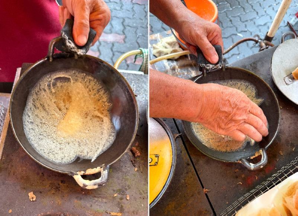 The well seasoned pans are drizzled with the batter that is cooked on the custom-made stove (left). No spatula is used as Wong uses his bare hands to peel off the thin crepe quickly (right).