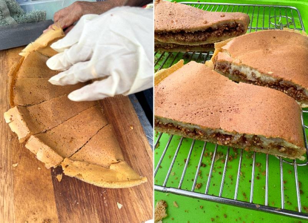 Once the pancake is cooked, they will cut it into pieces for you to take away (left). The 'ban chean kuih' is loaded with peanuts and you can customise it to what you like (right).