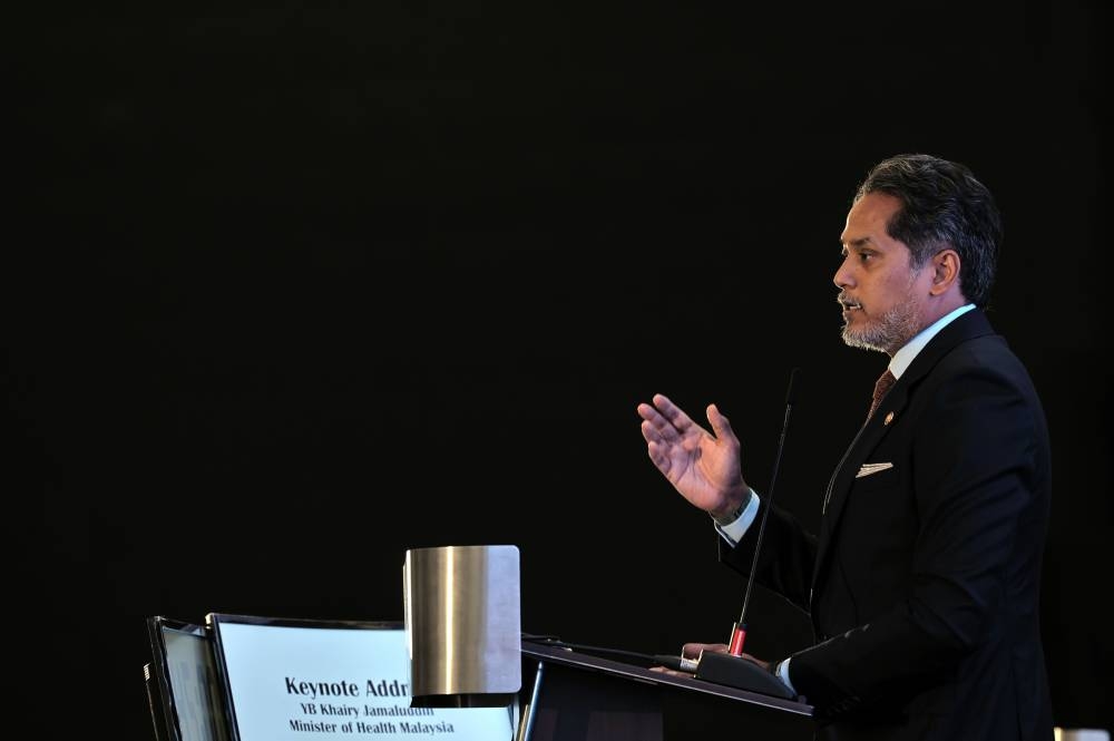 Health Minister Khairy Jamaluddin delivers a speech during the Clinical Research Malaysia (CRM) Trial Connect 2022 opening ceremony at Pullman KL in Kuala Lumpur October 14, 2022. — Bernama pic