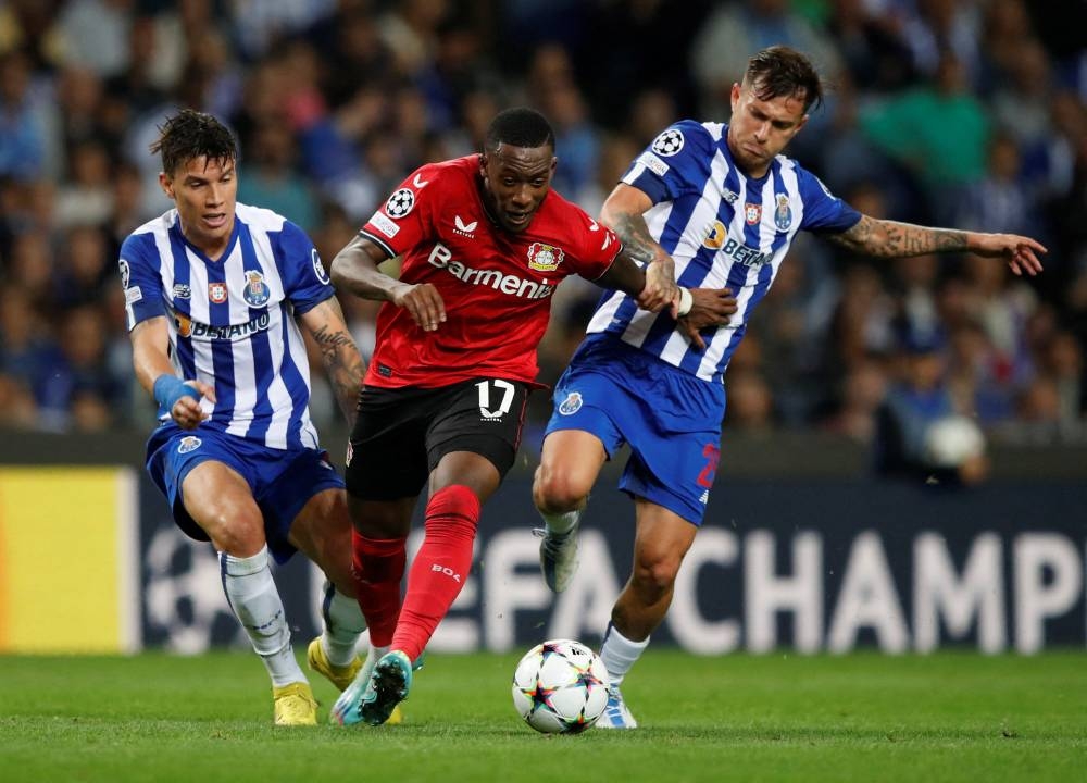Bayer Leverkusen's Callum Hudson-Odoi in action against Porto at Estadio do Dragao, Porto October 4, 2022. — Reuters pic