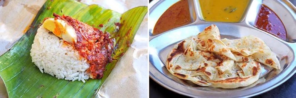 In the morning, grab a packet of 'nasi lemak' where the rice is paired with a not too spicy 'sambal' (left). Ask for your 'roti canai' to be 'garing' or crispy to be paired with a creamy dhal, curry and 'sambal' (right).