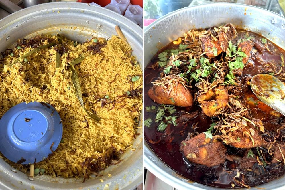 The rice gets a flavour boost with the use of fried onions and spices (left). The 'ayam bawang' is delicious with its slight sweet sauce, crunchy fried shallots and cashew nuts (right).