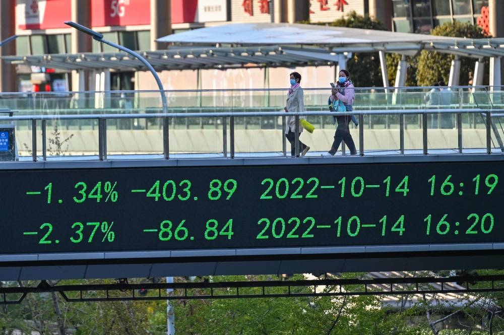 People walk across a bridge with a stocks indicator board in the financial district of Lujiazui in Shanghai on October 17, 2022. — AFP pic