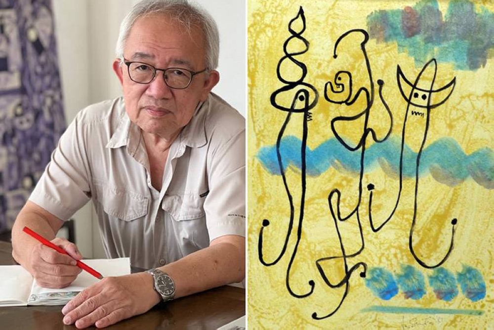 Pressman turned artist Lim Siang Jin (left). 'Trial Painting Twelve, 1981' (right).
