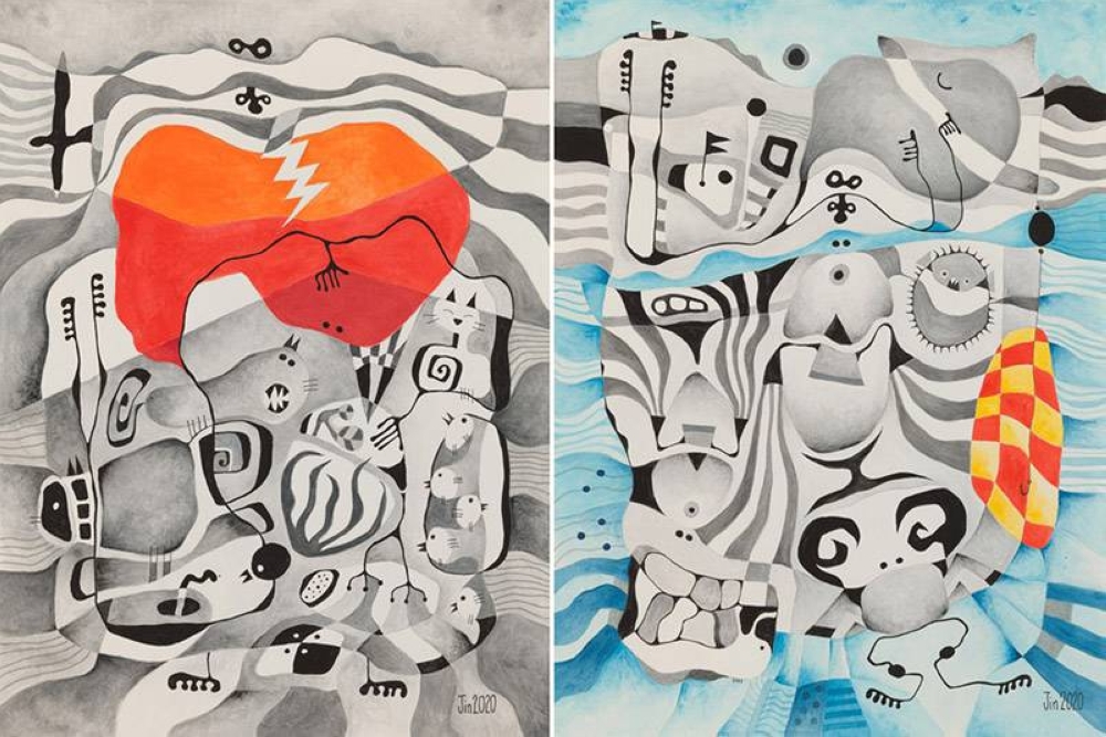 'Unconnected series': 'Shelter From The Storm' (left) and 'Fishing' (right).