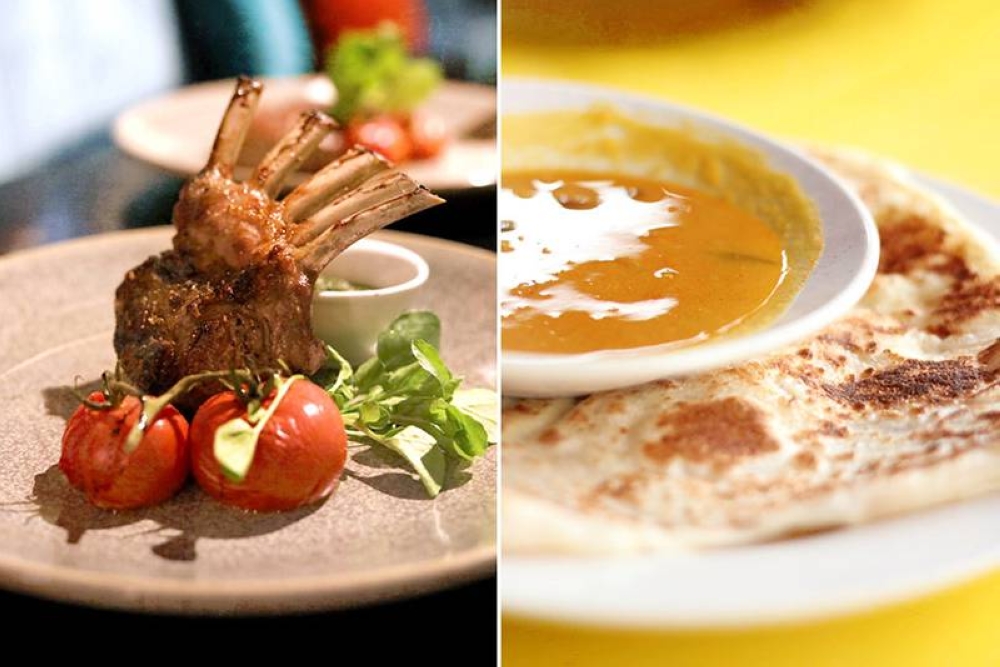From sophisticated to simple: Masala marinated lamb rack (left); 'prata' and 'dhal' (right).