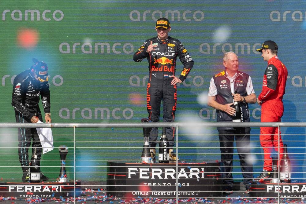 Red Bull Racing's Dutch driver Max Verstappen (C) celebrates winning the Formula One United States Grand Prix, at the Circuit of the Americas in Austin, Texas, on October 23, 2022. — AFP pic