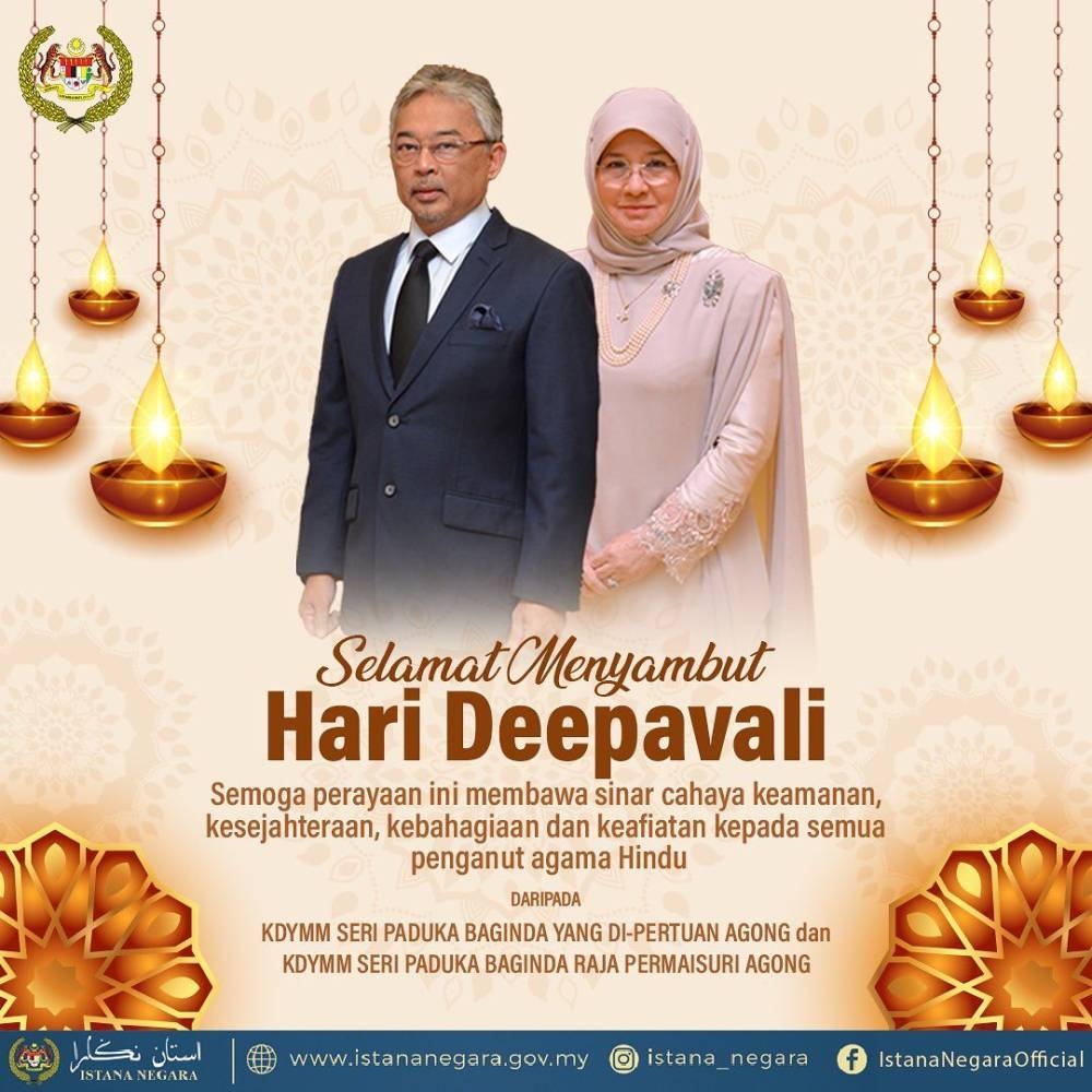 Yang di-Pertuan Agong Al-Sultan Abdullah Ri’ayatuddin Al-Mustafa Billah Shah and Raja Permaisuri Agong Tunku Hajah Azizah Aminah Maimunah Iskandariah today extended their Deepavali greetings to Hindus in the country. — Picture courtesy of Facebook/Istana Negara