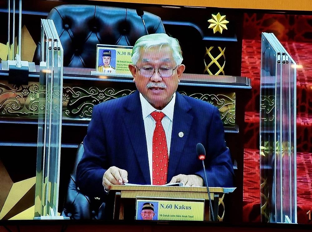 Minister in the Premier’s Department Datuk John Sikie Tayai winding up the debate at the Sarawak State Assembly in Kuching May 24, 2022. — Picture by State Information Department