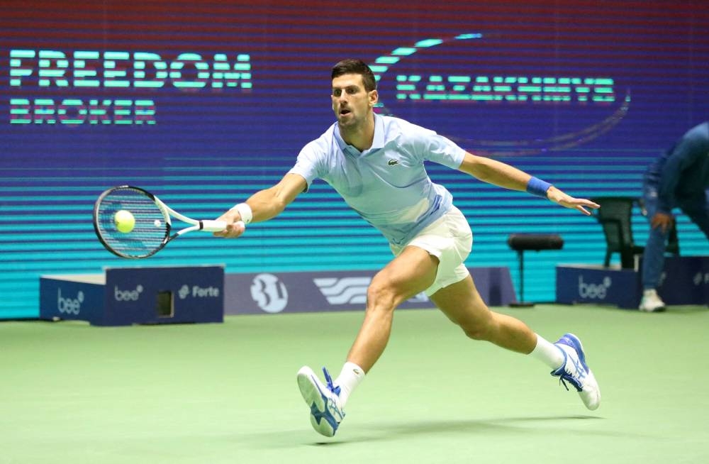 Serbia's Novak Djokovic in action during the men's singles final against Greece's Stefanos Tsitsipas at the National Tennis Center, Astana, Kazakhstan October 9, 2022. — Reuters pic