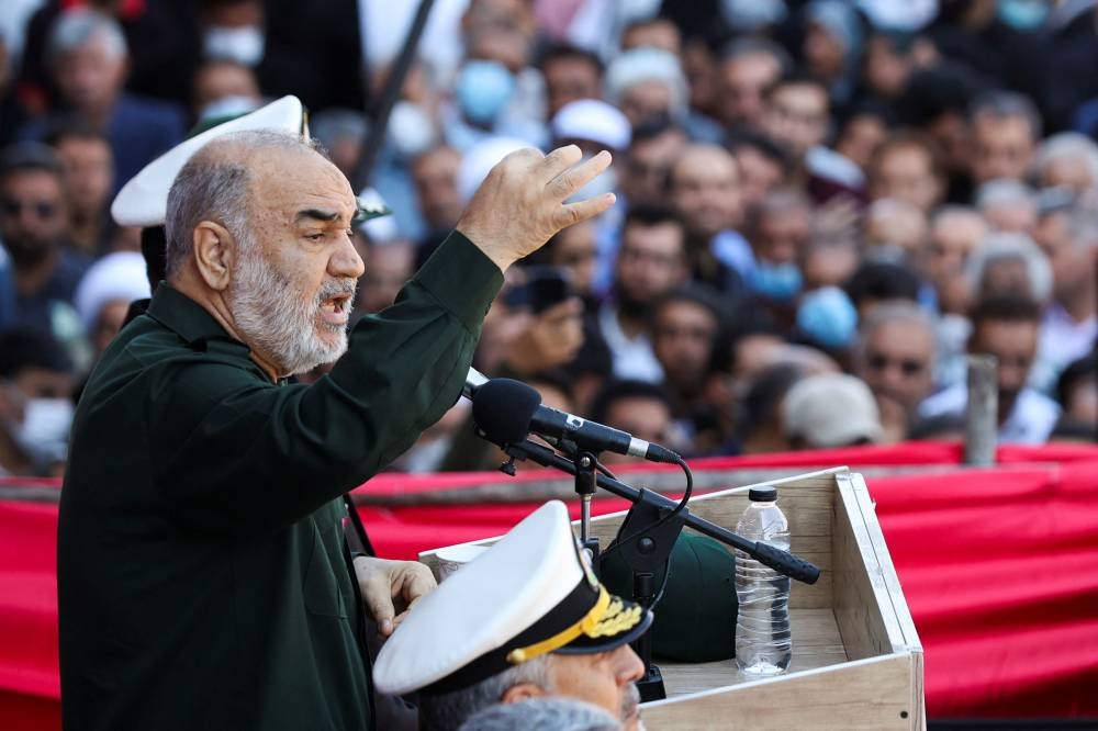 Islamic Revolutionary Guard Corps Commander-in-Chief Major General Hossein Salami, speaks during a funeral ceremony in Shiraz, Iran October 29, 2022. — Reuters pic