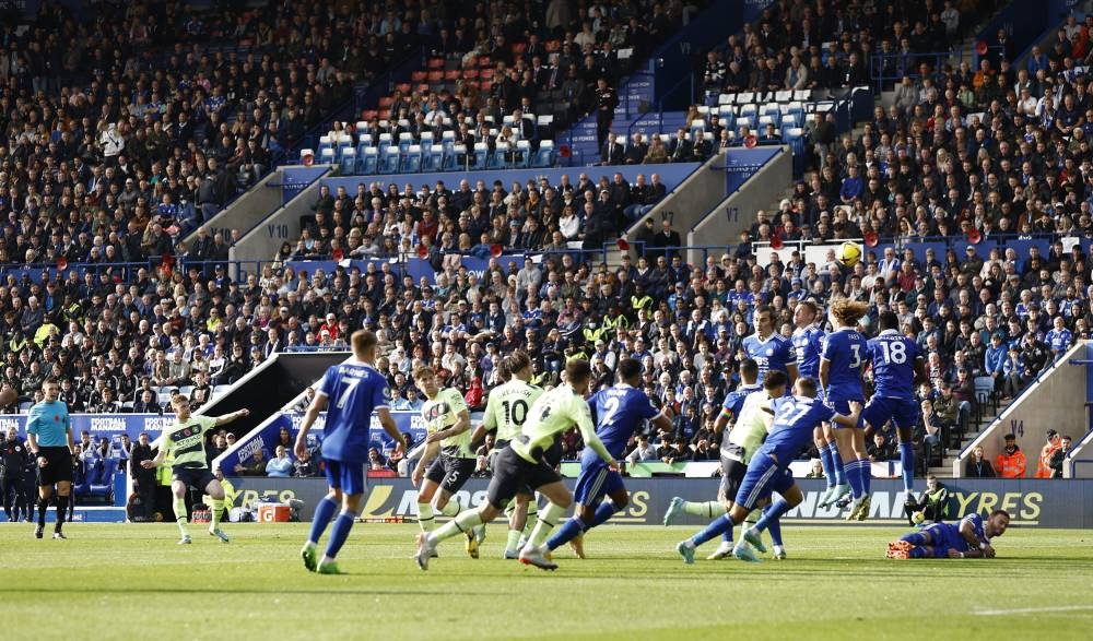 Manchester City’s Kevin De Bruyne scores their first goal against Leicester City at the King Power Stadium in Leicester, October 29, 2022. — Reuters pic