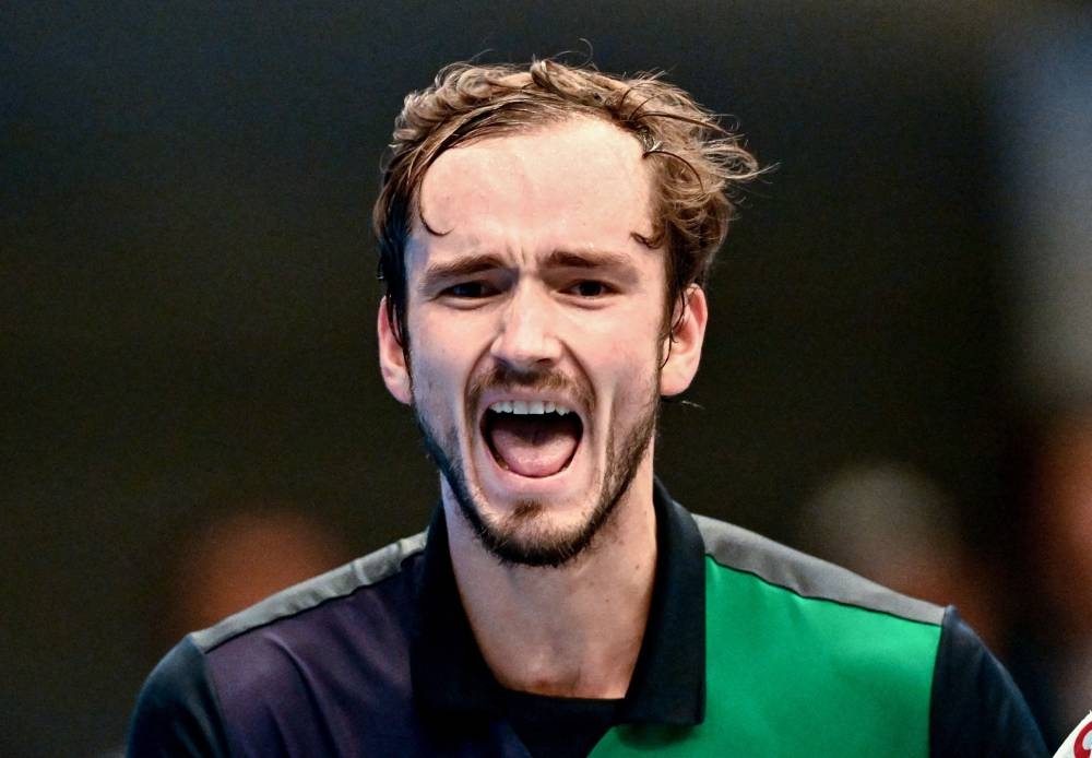 Russia’s Daniil Medvedev reacts as he plays against Bulgaria’s Grigor Dimitrov during the semi-final match of the ATP Vienna Open tennis tournament in Vienna, Austria, on October 29, 2022 — AFP pic
