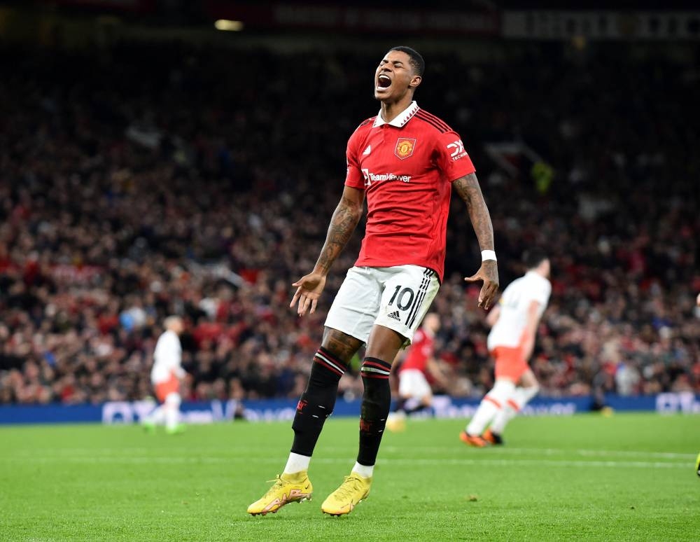 Manchester United's Marcus Rashford reacts after scoring against West Ham United at Old Trafford, Manchester October 30, 2022. — Reuters pic
