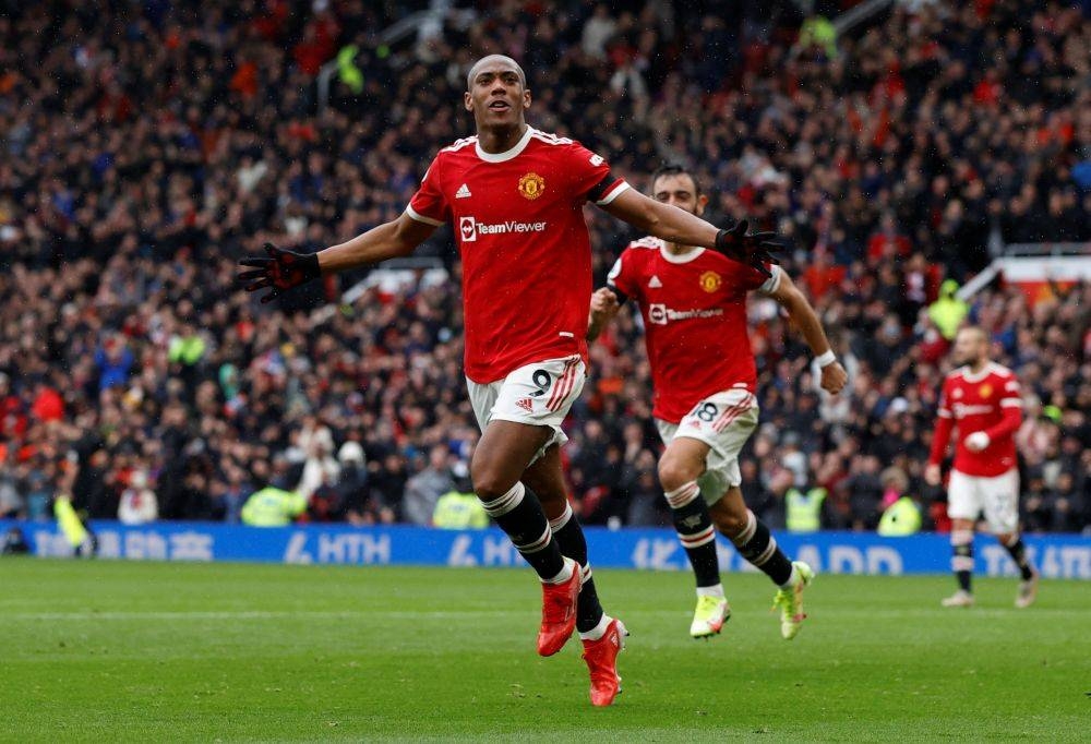 Manchester United's Anthony Martial celebrates scoring their first goal against Everton at Old Trafford October 2, 2021. — Reuters pic
