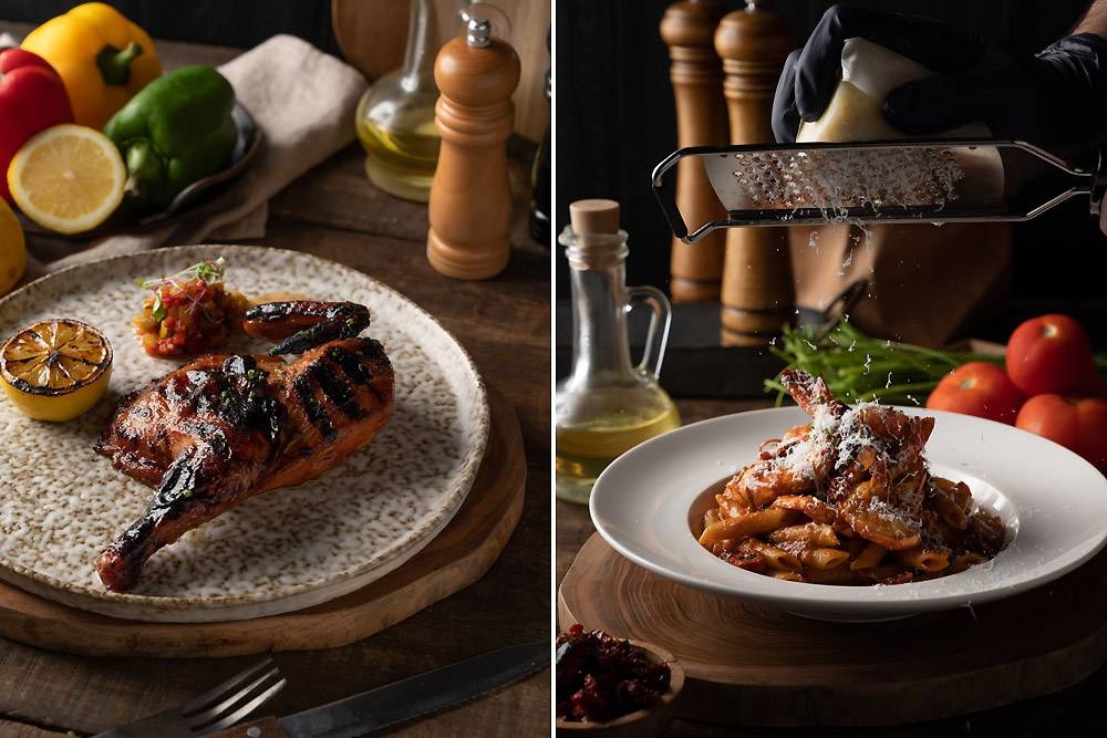 Ipoh Spring Chicken (left). Sabah King Prawn Arrabbiata (right).
