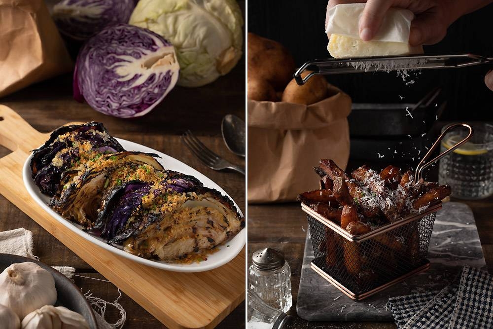 Two Colour Cabbage (left). Triple Cooked Fries (right).