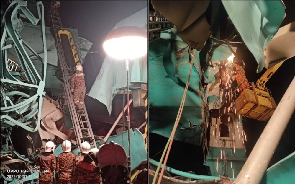 Perak police chief Datuk Mohd Yusri Hassan Basri said police received a call about the crane collapse at 5.15pm and rushed to the scene with the Fire and Rescue Department. — Picture from Twitter/Fire and Rescue Dept via Bernama 