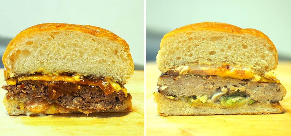 Fluffy buns paired with a juicy beef patty is heavenly with melted cheese for the O.G. (left). The Kaiser uses a homemade chicken patty with lettuce and a creamy sauce (right).
