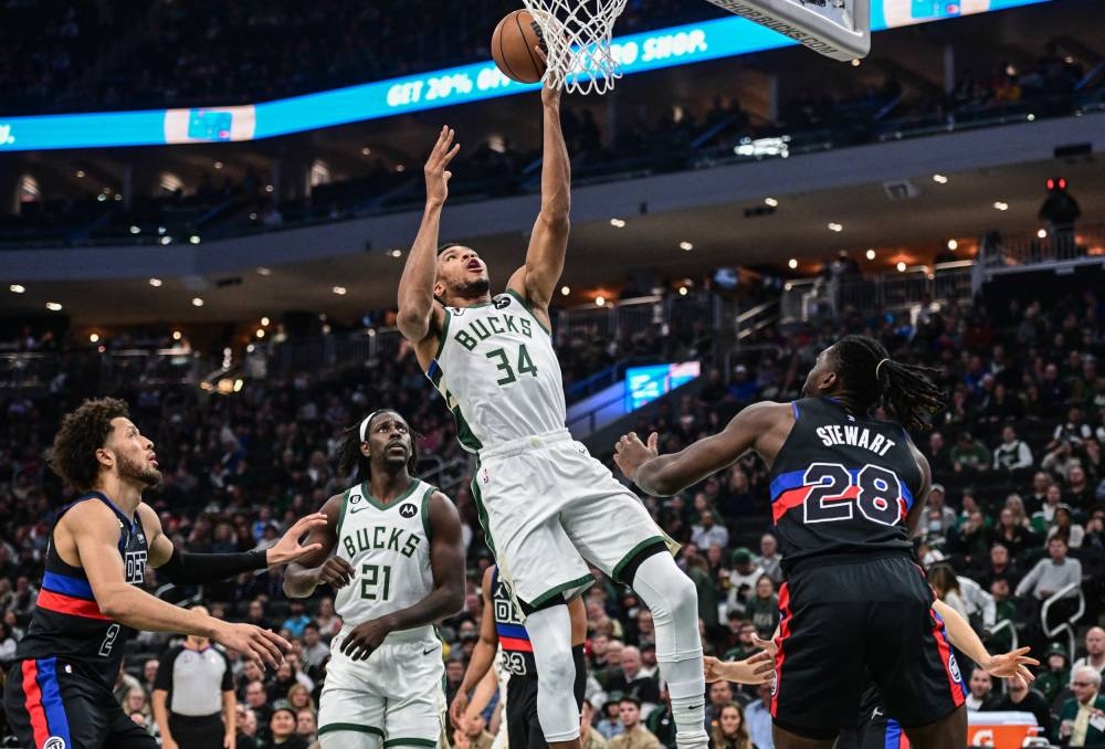 Milwaukee Bucks forward Giannis Antetokounmpo (34) shoots against Detroit Pistons center Isaiah Stewart (28) in the third quarter at Fiserv Forum November 2, 2022. — Reuters pic