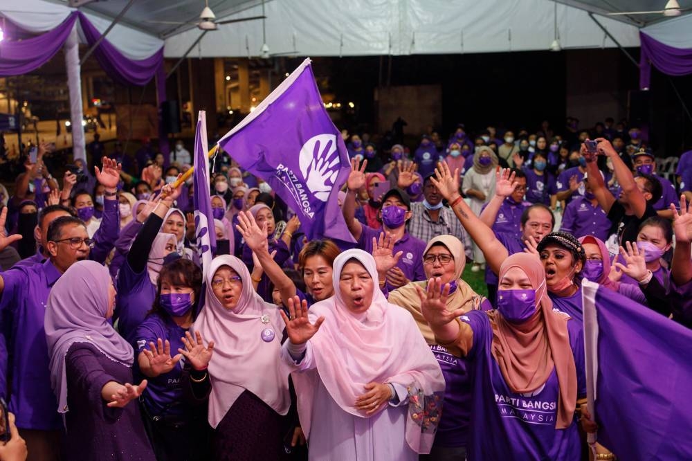Datuk Zuraida Kamaruddin (front, centre) poses with supporters at the Parti Bangsa Malaysia election machinery launch in Ampang on November 3, 2022. — Picture by Firdaus Latif