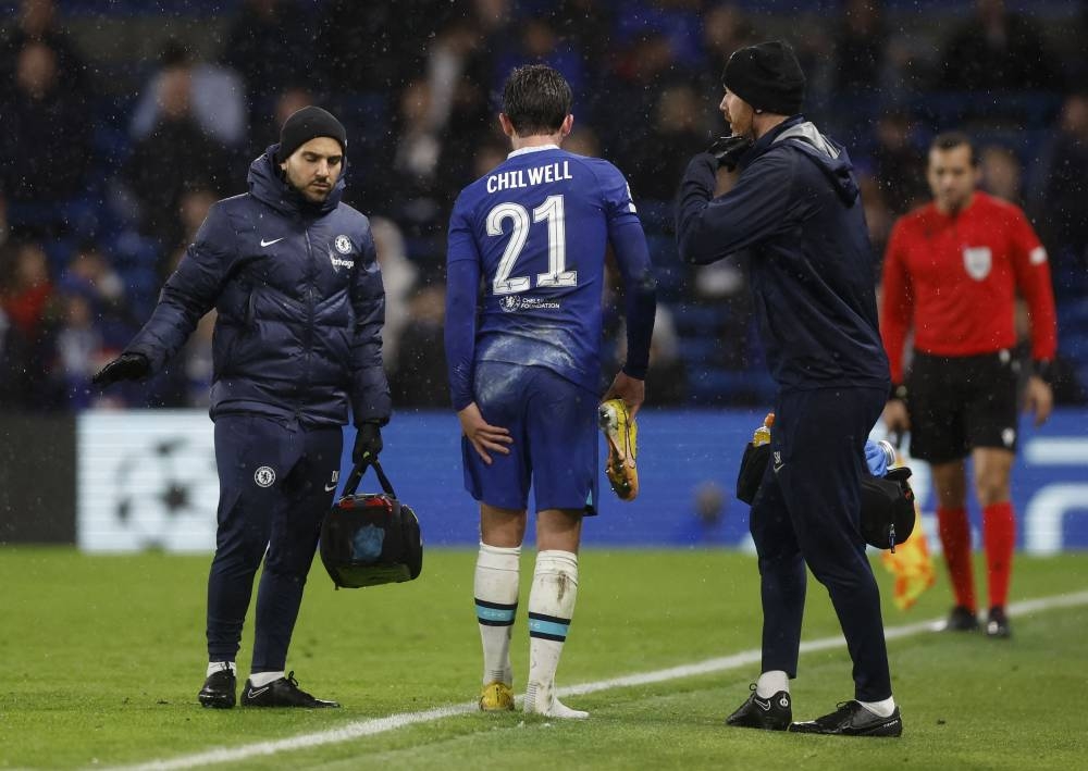 Chelsea's Ben Chilwell reacts after sustaining an injury during the match against Dinamo Zagreb at Stamford Bridge, London November 2, 2022. — Reuters pic