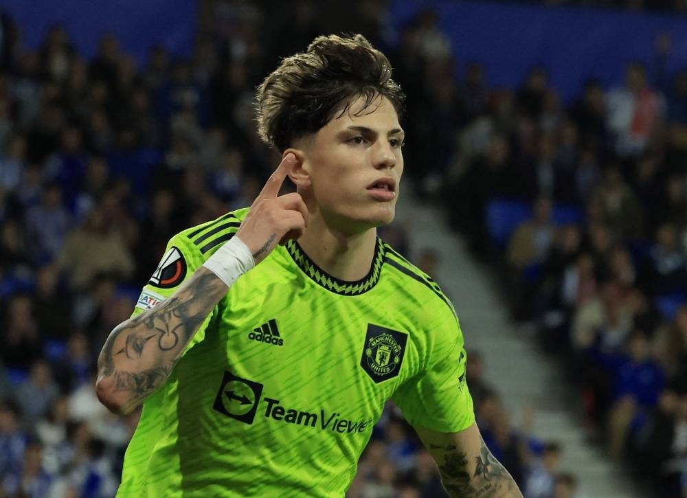 Manchester United's Alejandro Garnacho celebrates scoring their first goal against Real Sociedad at the Reale Arena, San Sebastian November 3, 2022. — Reuters pic