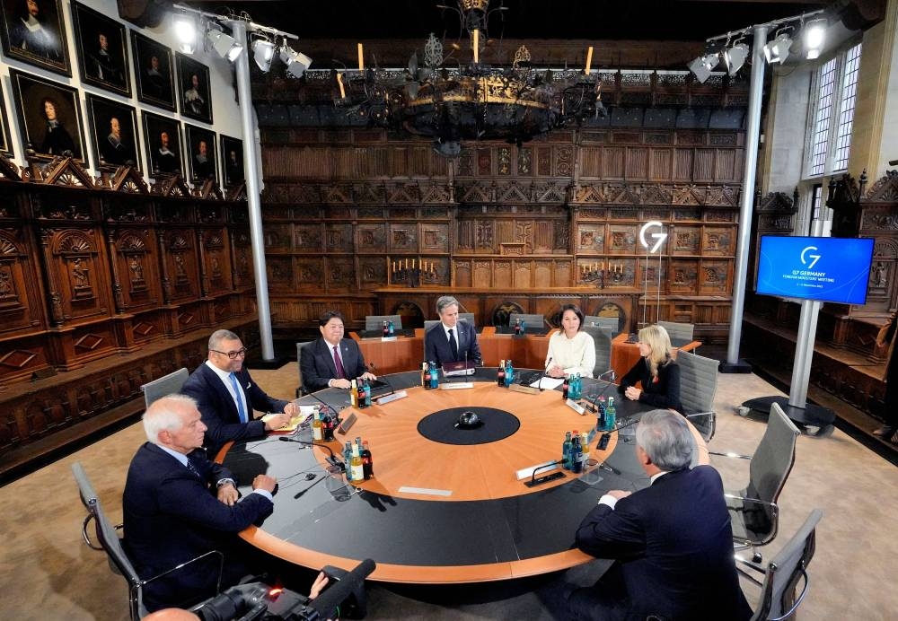 EU's head of foreign policy Josep Borell and G7 foreign ministers meet to attend the first working session on Russia's war against Ukraine during the G7 Foreign Ministers's Meeting in Muenster, Germany, Thursday, November 3, 2022. — Reuters pic