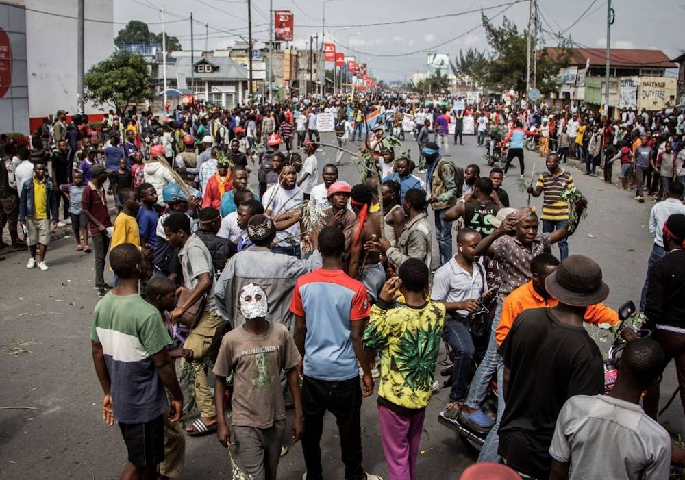 Anti-Rwanda protesters march towards the border of the Democratic Republic of Congo and Rwanda in Goma, on October 31, 2022. — AFP pic