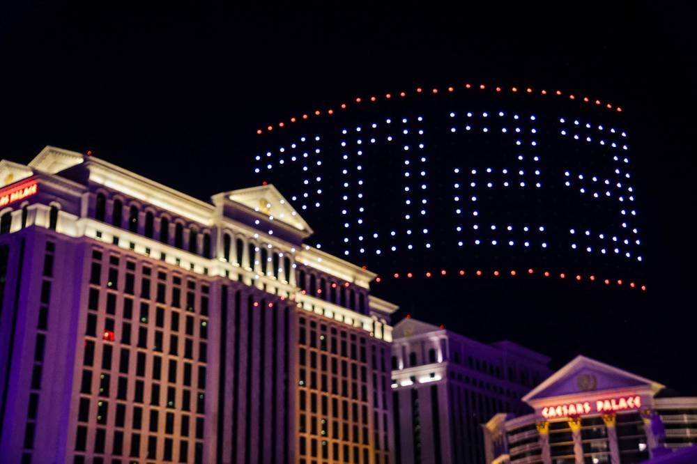 A drone light show is displayed above Caesars Palace during the Formula 1 Las Vegas Grand Prix Launch Party ahead of the 2023 Inaugural Las Vegas Grand Prix, at Caesars Palace, in Las Vegas, Nevada, on November 5, 2022. — AFP pic