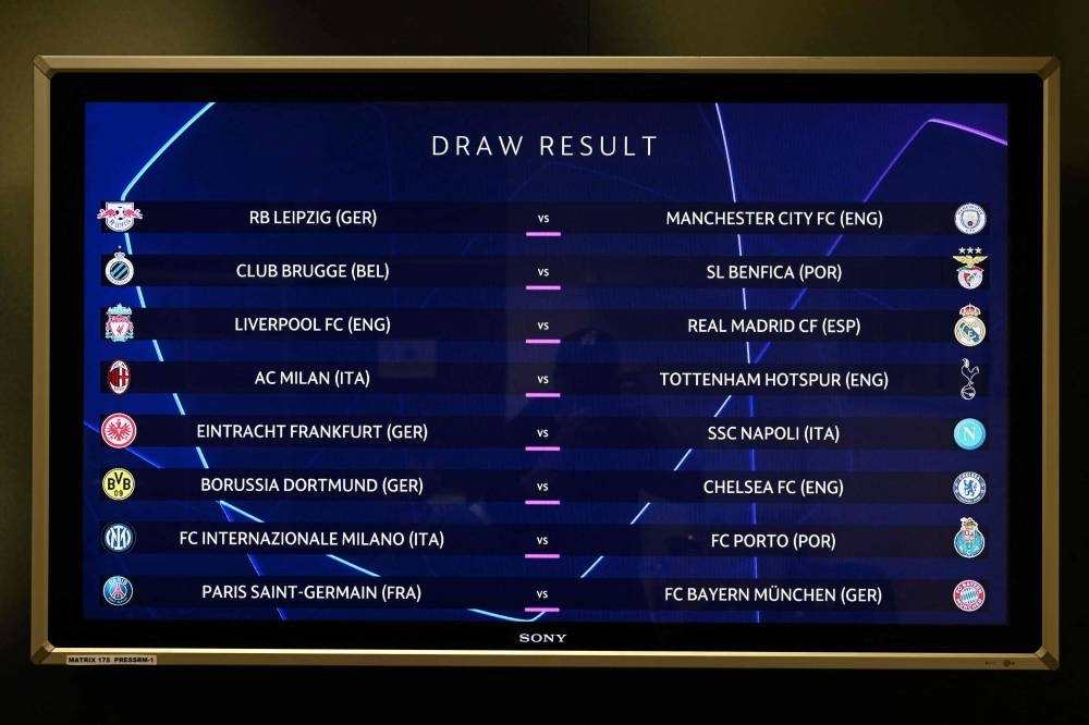 This picture shows the draw result for the round of 16 of the 2022-2023 Uefa Champions League football tournament in Nyon, November 7, 2022. — AFP pic 