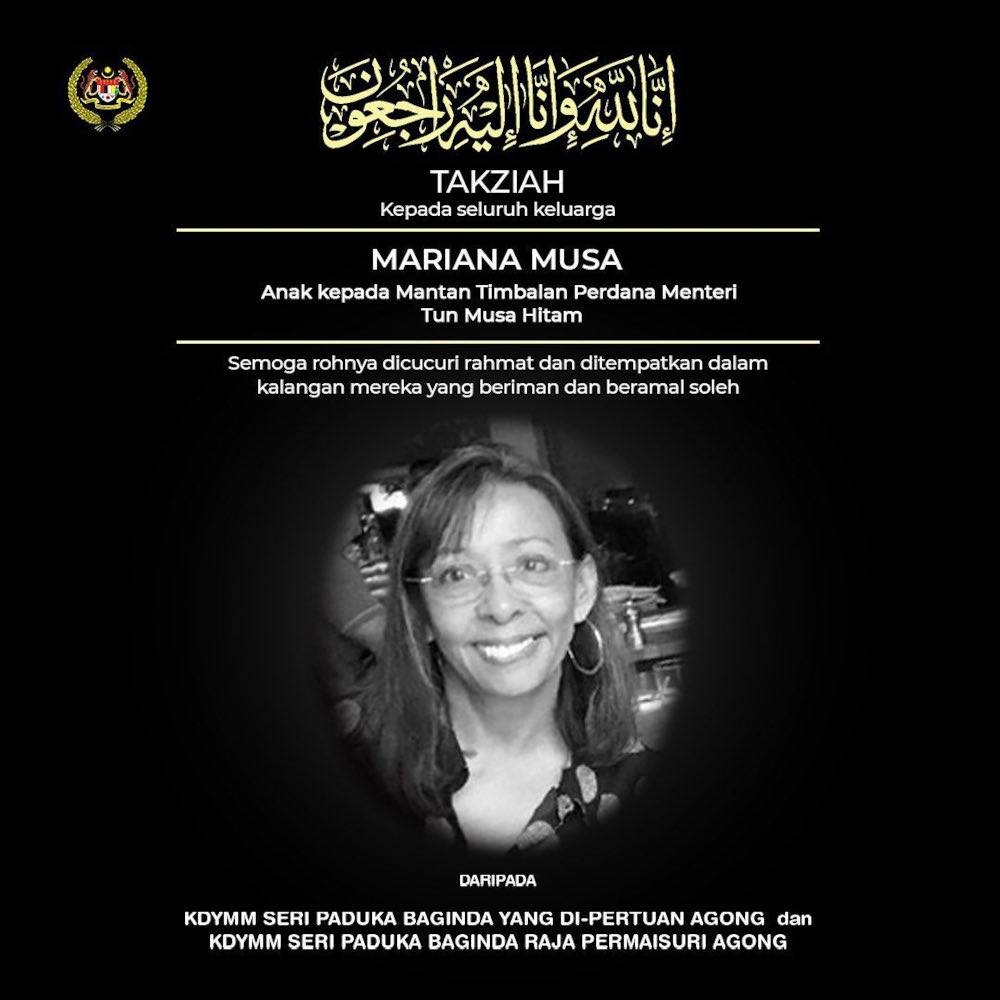 Their Majesties, through Istana Negara’s official Facebook page, expressed their sadness over Mariana Musa’s death and hoped her family would be patient and persevere in the face of this tragic loss. — Picture from Facebook/Istana Negara